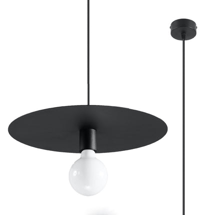 Suspension Flavio acier noir sur fond blanc avec détail de la rosace de plafond