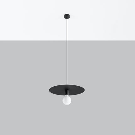 Suspension Flavio disque plat en acier noir mat avec ampoule E27 apparente, vue de face