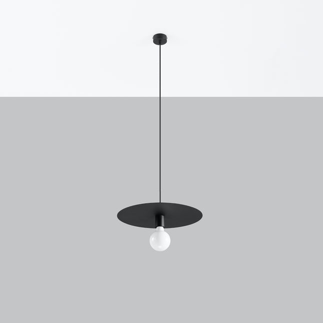 Suspension Flavio disque plat en acier noir mat avec ampoule E27 apparente, vue de face