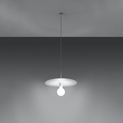 Suspension Flavio en acier blanc allumee, disque plat et ampoule E27 apparente