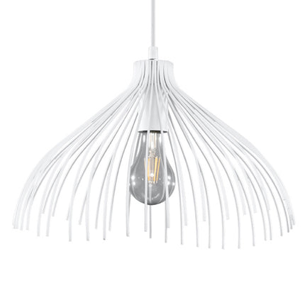 Gros plan de la double cage filaire blanche de la suspension Fleur autour d'une ampoule globe