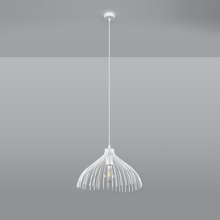 Suspension Fleur blanche a double cage filaire en acier, suspendue a un plafond clair, eteinte
