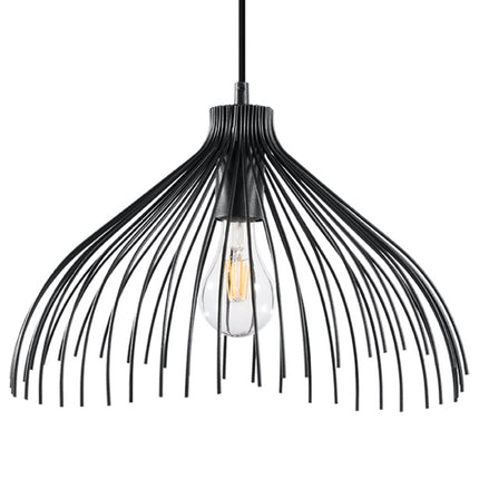 Gros plan de la double cage filaire noire de la suspension Fleur autour d'une ampoule globe
