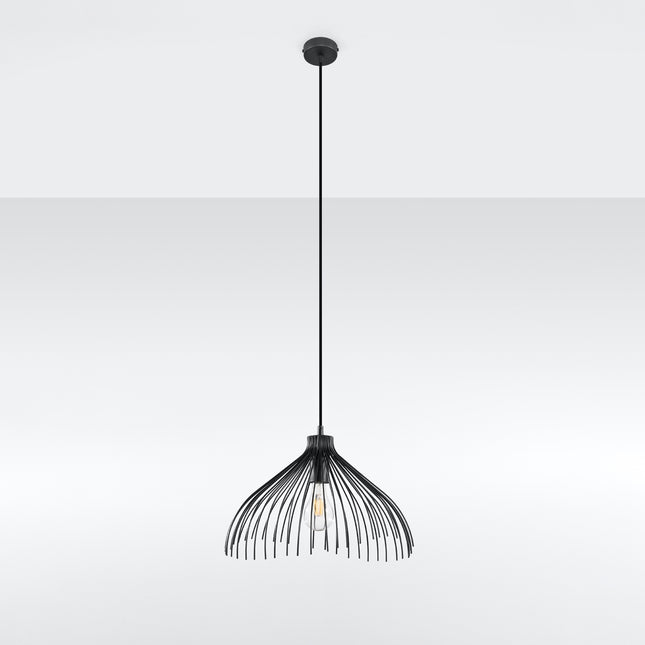 Suspension Fleur noire a double cage filaire en acier, suspendue a un plafond clair, eteinte