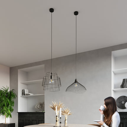 Suspension Fleur noire a cage filaire et luminaire filaire dans un sejour epure aux etageres blanches