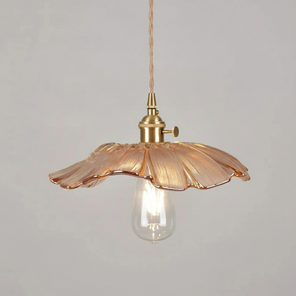Suspension vintage en verre ambré forme fleur avec monture en laiton doré et câble tressé