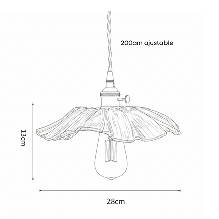 Schéma de cotes de la suspension fleur : 28 cm de diamètre, 13 cm de hauteur, câble 200 cm