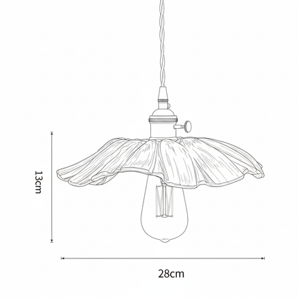 Schéma de cotes de la suspension fleur, diffuseur 28 cm de diamètre et 13 cm de hauteur, câble 200 cm