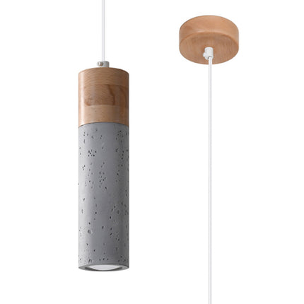 Détail de la suspension Fusion Minimaliste 1 spot, tube en béton gris et embase en bois clair, avec vue de la rosace de plafond.