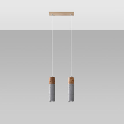 Suspension Fusion Minimaliste 2 spots sur platine rectangulaire, deux tubes en béton et bois clair suspendus en duo.