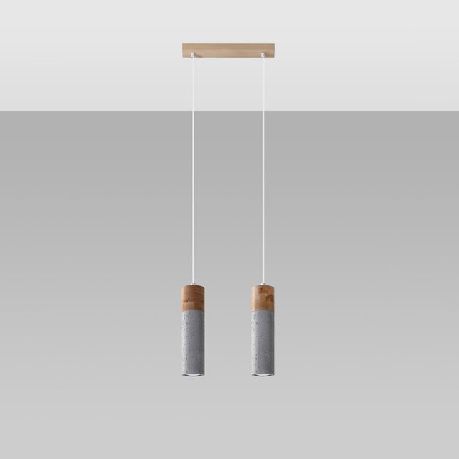 Suspension Fusion Minimaliste 2 spots sur platine rectangulaire, deux tubes en béton et bois clair suspendus en duo.