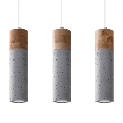 Détail des trois têtes de la suspension Fusion Minimaliste 3 spots, tubes en béton gris et bois clair alignés.