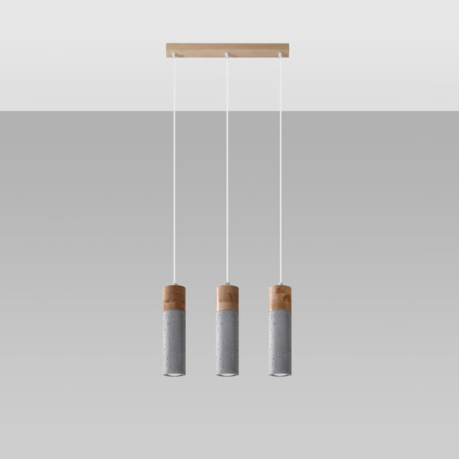 Suspension Fusion Minimaliste 3 spots sur platine rectangulaire, trois tubes en béton et bois clair alignés.