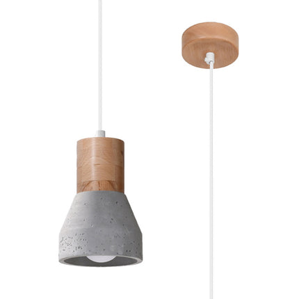 Détail du fût en bois naturel et de l'abat-jour conique en béton gris de la suspension Fusion Naturelle