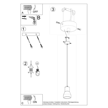 Schéma d'installation de la suspension Fusion Naturelle grise, câble blanc et rosace en bois inclus