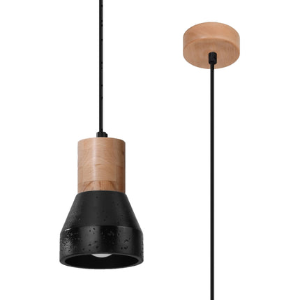 Détail du fût en bois naturel et de l'abat-jour conique en béton noir de la suspension Fusion Naturelle