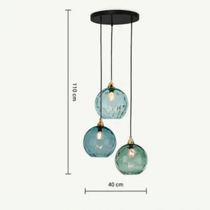 Schéma de cotes de la suspension 3 têtes en verre soufflé bleu et vert, hauteur 110 cm