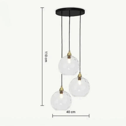 Schéma de cotes de la suspension 3 têtes en verre soufflé transparent, 110 cm par 40 cm