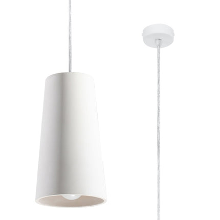 Suspension Gulcan en céramique blanche conique avec platine de plafond, vue détaillée sur fond clair