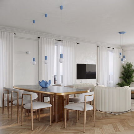 Suspension Halo 1 bleu ciel au-dessus d'un îlot de cuisine
