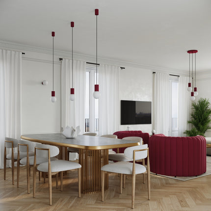 Suspension Halo 1 bordeaux, vue de dessous montrant le globe en verre opalin