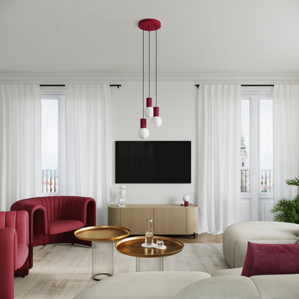 Suspension Halo 1 bordeaux, détail de la fixation au plafond et du câble