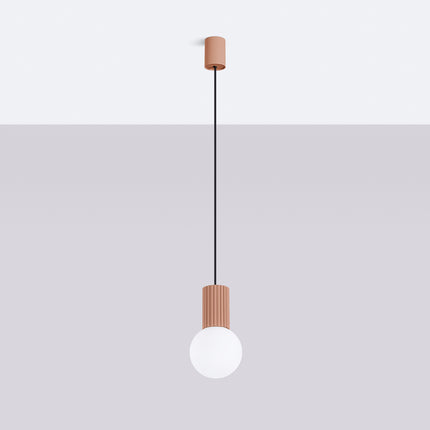 Suspension Halo 1 moka vue de face, globe en verre opalin et cylindre aluminium nervuré