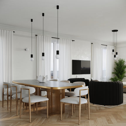 Suspension Halo 1 noire, détail de la fixation au plafond et du câble