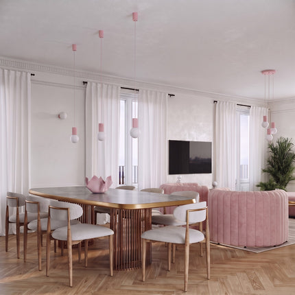 Suspension Halo 1 rose poudré au-dessus d'un îlot de cuisine