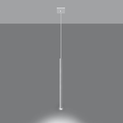 Gros plan sur le tube de la suspension Halo 1 blanche allumée, halo de lumière vers le bas