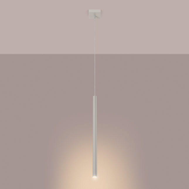 suspension halo 1 tube beige en acier, lumière allumée