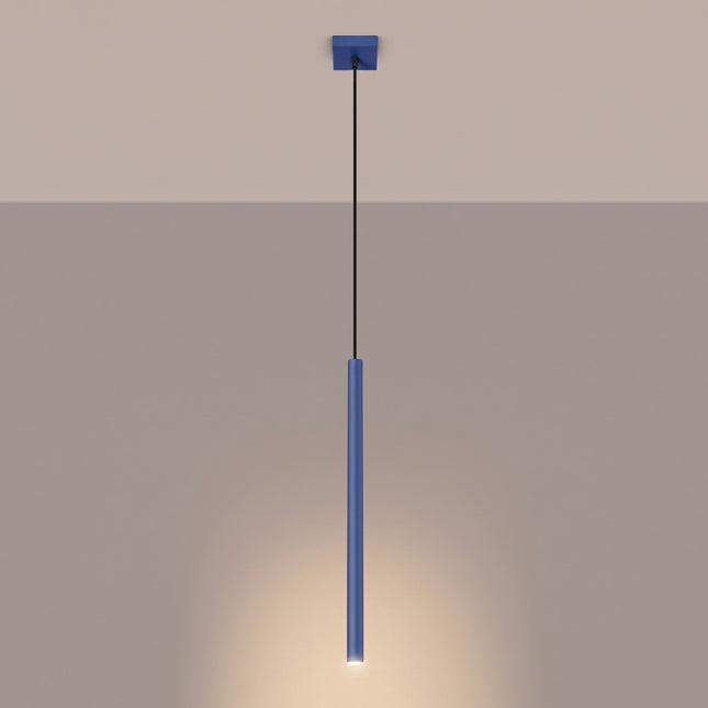 suspension halo 1 tube bleu outremer en acier, lumière allumée