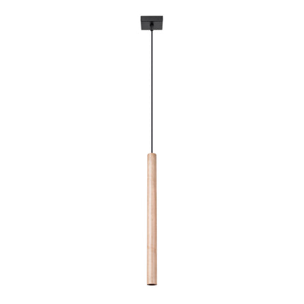 Suspension Halo 1 bois naturel sur fond blanc, 1 tubes suspendus par câbles noirs fins