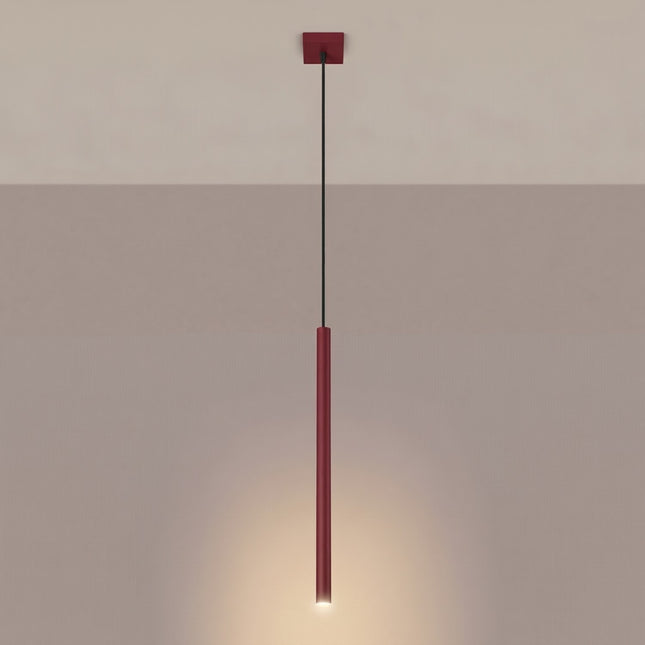 suspension halo 1 tube bordeaux en acier, lumière allumée