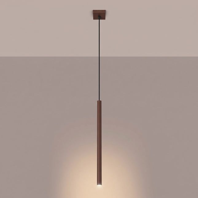 suspension halo 1 tube brun chocolat en acier, lumière allumée