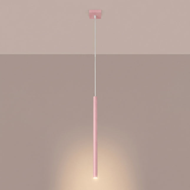 suspension halo 1 tube rose poudré en acier, lumière allumée