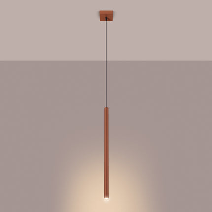 suspension halo 1 tube rouge ocre en acier, lumière allumée