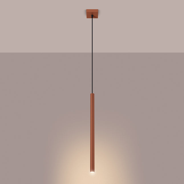 suspension halo 1 tube rouge ocre en acier, lumière allumée