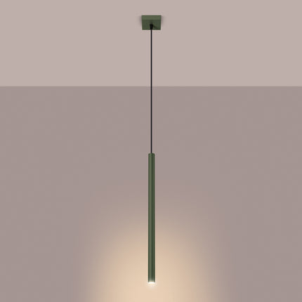 suspension halo 1 tube vert olive en acier, lumière allumée