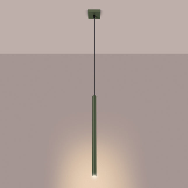 suspension halo 1 tube vert olive en acier, lumière allumée