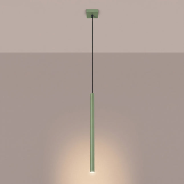 suspension halo 1 tube vert sauge en acier, lumière allumée
