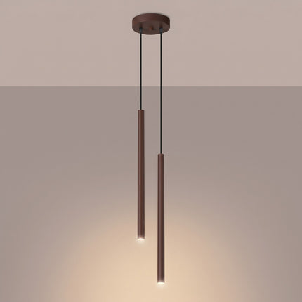 Suspension Halo 2 double tube acier brun chocolat, lumière allumée