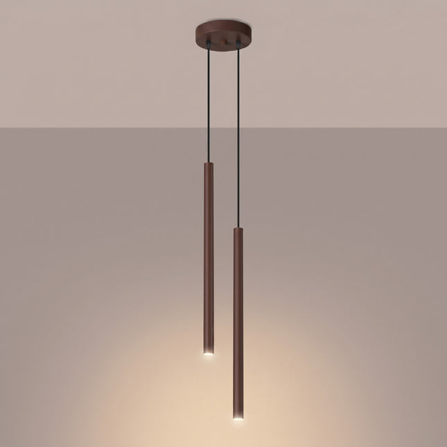 Suspension Halo 2 double tube acier brun chocolat, lumière allumée