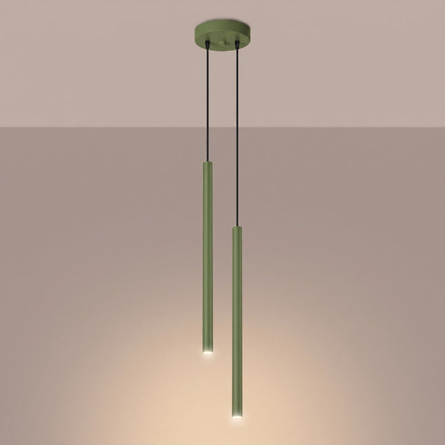 Suspension Halo 2 double tube acier vert sauge, lumière allumée
