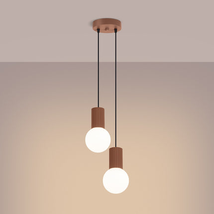 Suspension Halo 2 globes en grappe moka, lumière allumée, diffusion du verre opalin