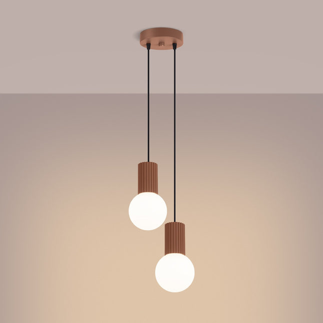 Suspension Halo 2 globes en grappe moka, lumière allumée, diffusion du verre opalin