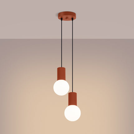 Suspension Halo 2 globes en grappe rouge ocre, lumière allumée, diffusion du verre opalin