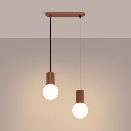Suspension Halo 2 globes sur barre moka, lumière allumée, diffusion du verre opalin