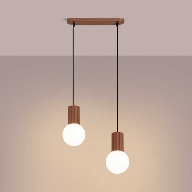 Suspension Halo 2 globes sur barre moka, lumière allumée, diffusion du verre opalin