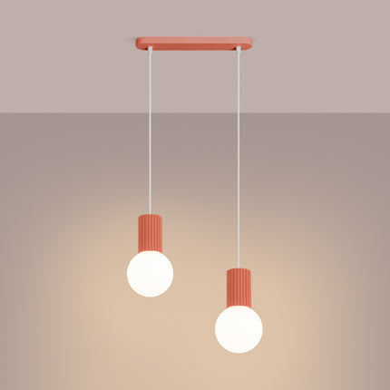 Suspension Halo 2 globes sur barre pêche, lumière allumée, diffusion du verre opalin